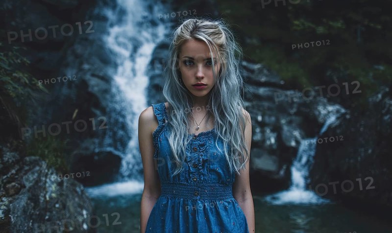 A woman in a blue dress stands in front of a waterfall. The image has a serene and peaceful mood, as the woman is enjoying the beauty of nature. AI generated