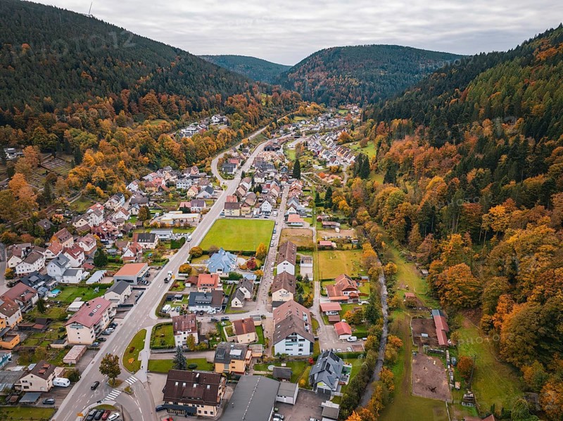 Bird's-eye view of a small town surrounded by forests with colorful foliage in autumn, Calmbach, Bad Wildbad, Black Forest, Germany