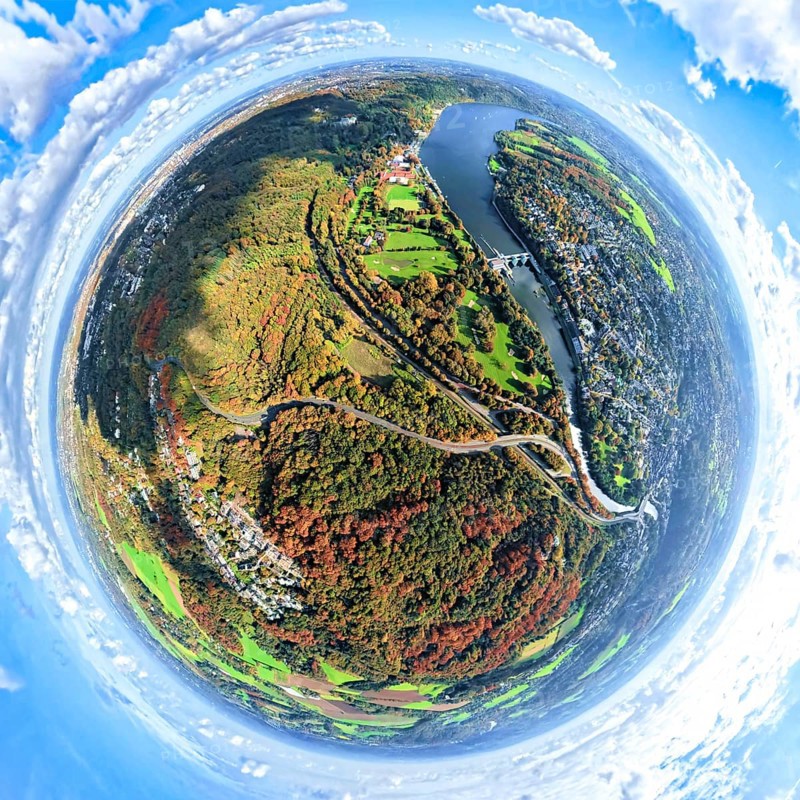 Aerial view, Lake Baldeney with dam RWE hydroelectric power plant Baldeney, golf course ETUF e.V. golf course and tennis courts, autumnal Krupp forest on Freiherr-vom-Stein-Straße, earth globe, fisheye image, fisheye shot, 360 degree shot, tiny world, little planet, fisheye image, Bredeney, Essen, Ruhr area, North Rhine-Westphalia, Germany, DE, Europe, fisheye lens, fish eye lens, fish eye lens, fish eye lens, fish eye lens, fish eye lens, fish eye lens, fish eye lens, fish eye lens, fish eye lens, fish eye lens, fish eye lens, fish eye lens, fish eye lens, fish eye lens, fish eye lens, fish eye lens, fish eye lens, fish eye lens, fish eye lens, fish eye lens, fish eye lens, fish eye lens, fish eye lens, fish eye lens Eye lens, Freizeit Sport und Kulturveranstaltungs GmbH, Little Planet, aerial photography, aerial photography, lake, super wide angle lens, tiny world, overview, bird's eye view, forest, birds-eyes view, fisheye lens, insta360 camera, overview