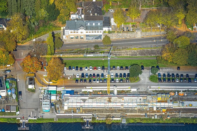 Aerial view, construction site with new regatta track for new regatta stand, hotel parking garage Hügel, Fischlaken, Essen, Ruhr area, North Rhine-Westphalia, Germany, construction area, building land, building plots, construction crane, construction project, construction project, construction site, DE, food and drink, Essen-Süd, Europe, inn, restaurant, hotel, hotel complex, hotel industry, aerial photography, aerial photography, aerial photography, photography, new building, renovation, renovation, overview, accommodation, bird's eye view, birds-eyes view, overview