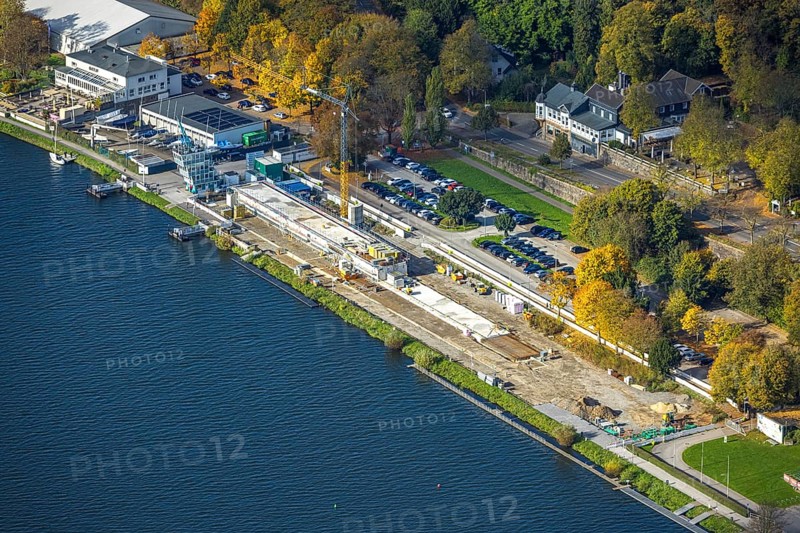 Aerial view, construction site with new regatta track for new regatta stand, Hotel Parkhaus Hügel, Fischlaken, Essen, Ruhr area, North Rhine-Westphalia, Germany, construction area, building land, building plots, construction crane, construction project, construction site, DE, Essen-Süd, Europe, aerial photography, aerial photography, new construction, renovation, renovation, renovation, overview, birds-eyes view, birds-eyes view, overview