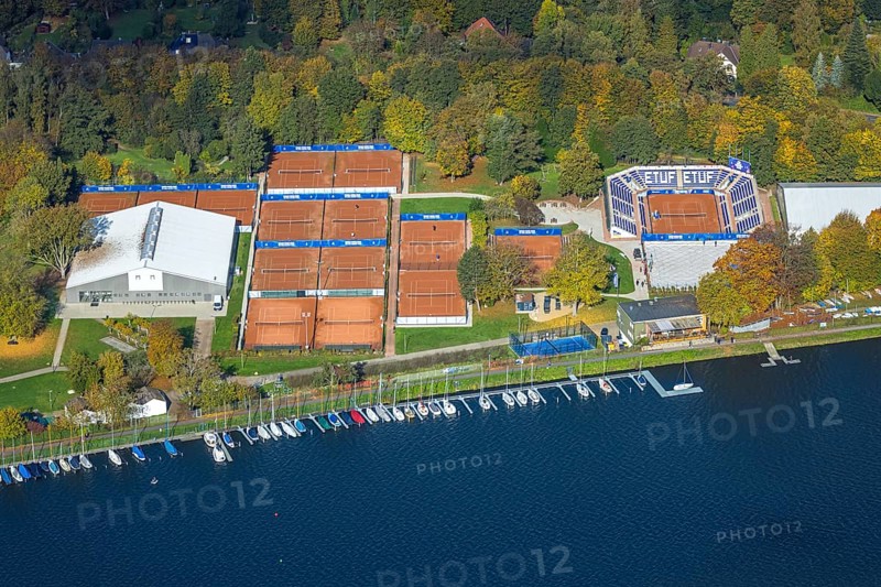 Aerial view, ETUF e.V. tennis courts and arena with stand, sailboats and boat dock on Lake Baldeney, Werden, Essen, Ruhr area, North Rhine-Westphalia, Germany, boats, DE, Essen-Süd, Europe, aerial photography, aerial photography, sailboats, sports, tennis, tennis facilities, tennis courts, tennis club, overview, birds-eyes view, overview