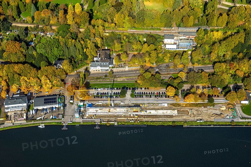 Aerial view, construction site with new regatta track for new regatta stand, Hügel S-Bahn stop, Hotel Parkhaus Hügel, Fischlaken, Essen, Ruhr area, North Rhine-Westphalia, Germany, construction site, building plots, construction crane, construction project, construction site, DE, food and drink, Essen-Süd, Europe, inn, restaurant, hotel, hotel complex, hotel industry, aerial view, aerial photography, aerial photography, new building, parking lot, renovation, renovation, overview, accommodation, birds-eyes view, overview