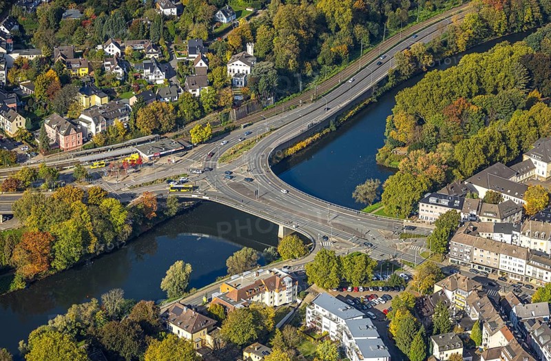 Aerial view, district of Werden with Gustav Heinemann bridge and river Ruhr, Heidhausen, Essen, Ruhr area, North Rhine-Westphalia, Germany, bridge, DE, Essen-Süd, Europe, aerial photography, aerial photography, road traffic, overview, birds-eyes view, overview
