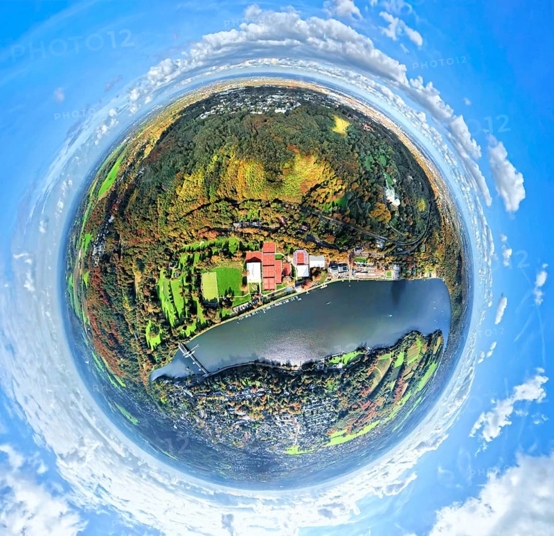 Aerial view, Lake Baldeney with dam RWE hydroelectric power plant Baldeney, golf course ETUF e.V. golf course and tennis courts, autumnal Krupp forest on Freiherr-vom-Stein-Straße, earth globe, fisheye image, fisheye shot, 360 degree shot, tiny world, little planet, fisheye image, Bredeney, Essen, Ruhr area, North Rhine-Westphalia, Germany, DE, Europe, fisheye lens, fish eye lens, fish eye lens, fish eye lens, fish eye lens, fish eye lens, fish eye lens, fish eye lens, fish eye lens, fish eye lens, fish eye lens, fish eye lens, fish eye lens, fish eye lens, fish eye lens, fish eye lens, fish eye lens, fish eye lens, fish eye lens, fish eye lens, fish eye lens, fish eye lens, fish eye lens, fish eye lens, fish eye lens Eye lens, Freizeit Sport und Kulturveranstaltungs GmbH, Little Planet, aerial photography, aerial photography, lake, super wide angle lens, tiny world, overview, bird's eye view, forest, birds-eyes view, fisheye lens, insta360 camera, overview