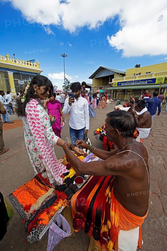 Puja at Chamundeswar Hindu Temple on Chamundi Hill, Indian pilgrims at the temple, Mysore or Mysore, Karnataka, India