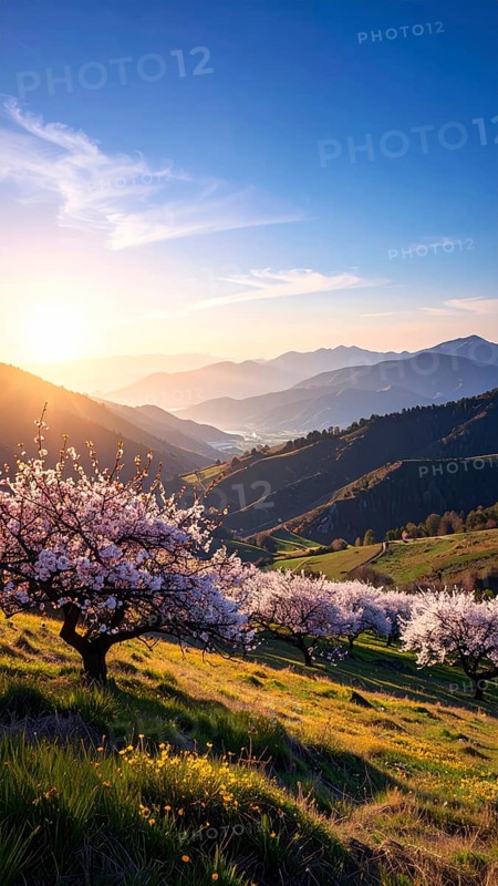 Landscape with a blooming apricot tree, idilyc spring nature, green grass and mountains in background, blue cloudy sky in sunset web banner spring time concept, AI generated