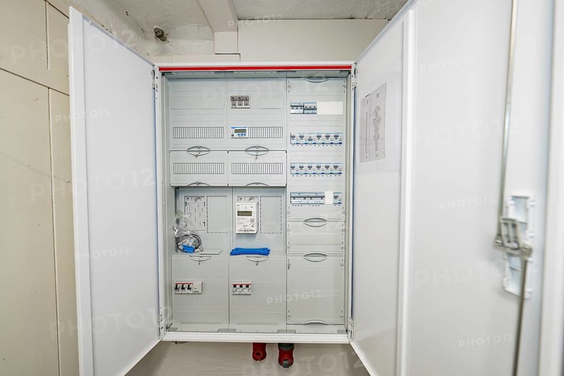 Detailed view of an opened fuse box with modular electrical distribution, house renovation, air-conditioning renovation, Metzingen, Germany