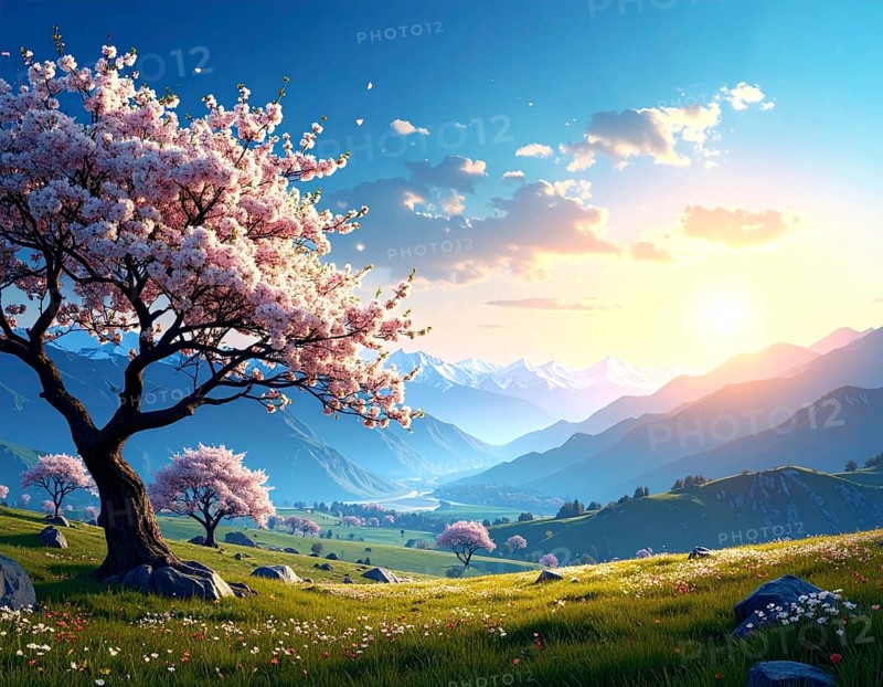 Landscape with a blooming apricot tree, idilyc spring nature, green grass and mountains in background, blue cloudy sky in sunset web banner spring time concept, AI generated