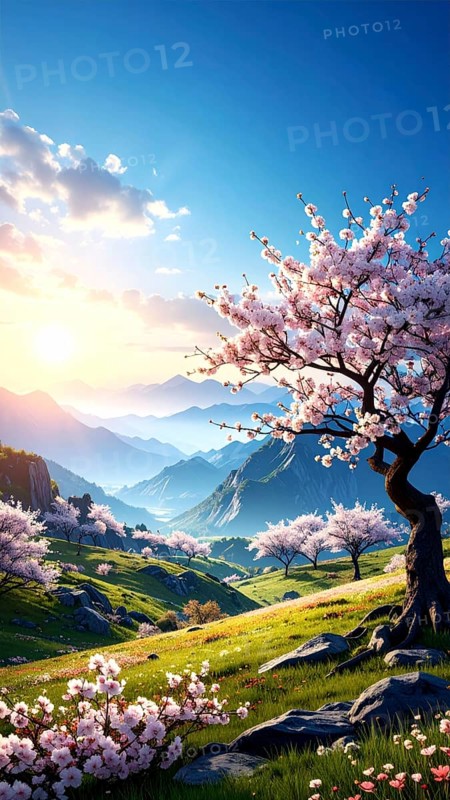 Landscape with a blooming apricot tree, idilyc spring nature, green grass and mountains in background, blue cloudy sky in sunset web banner spring time concept, AI generated
