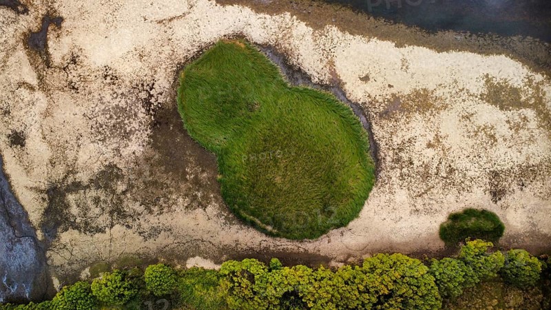 A patch of grass next to a calm dark lake on a cloudy day, seen from above
