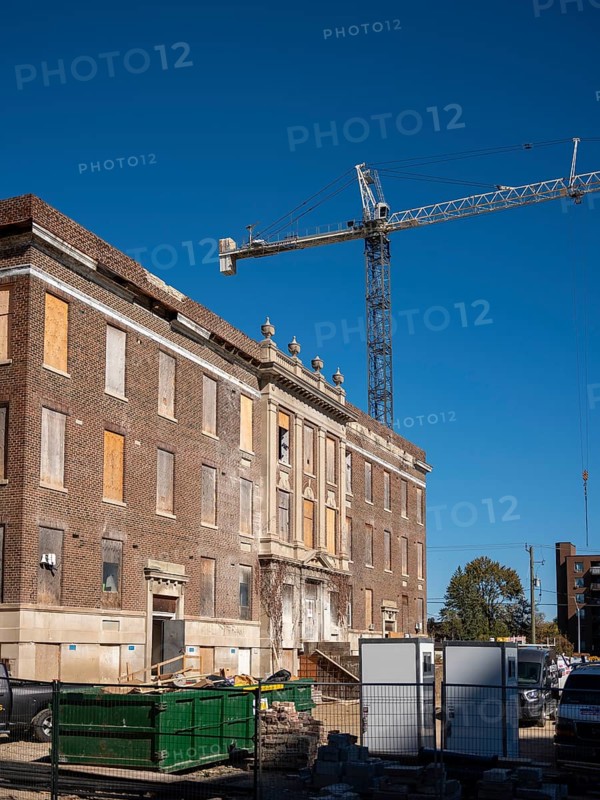 A large scale housing construction project including new mid-rise and high-rise buildings accompany existing buildings once used as part of the former Victoria Hospital on October 16, 2025 in London, Ontario, Canada