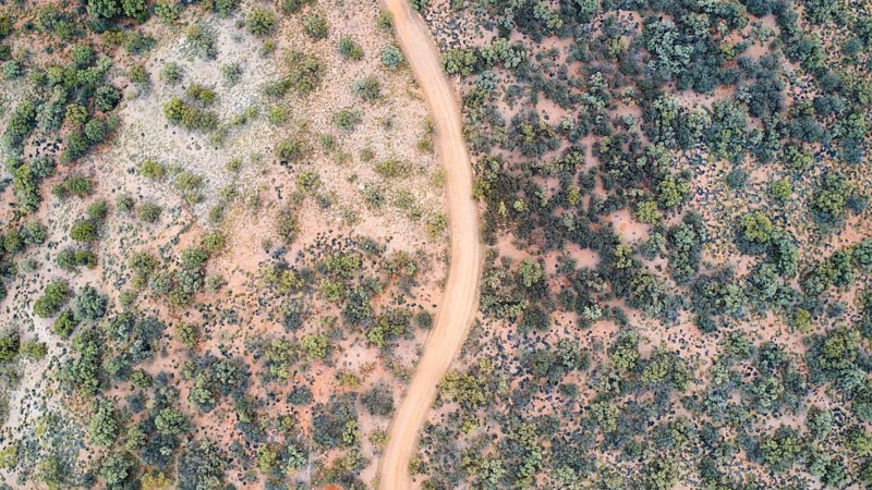 A winding path through the Australian outback, photographed with a drone