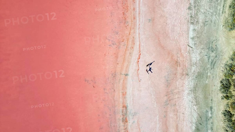Two people standing at the shoreline of a pink lake, casting shadows, seen from above