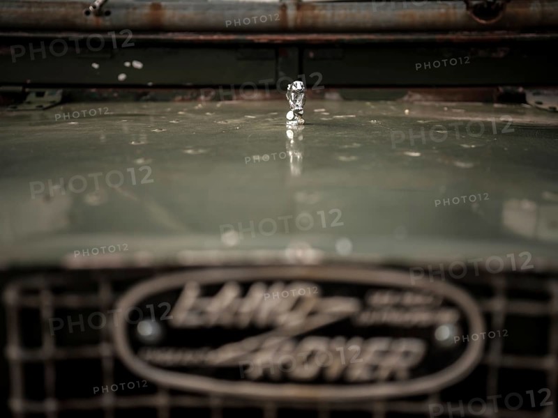 The front end of a 1950's Series One Land Rover, with a small hood ornament, parked at the Toronto North York Hunt Club in Mulmer, Ontario, Canada