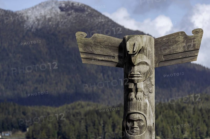 Wooden totem pole stands in front of scenic mountain and forest backdrop under a cloudy sky in Tofino, British Columbia, Canada
