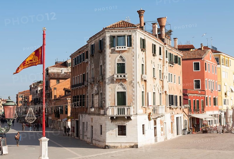 Garibaldi street and flag of Venice, Venice, Italy