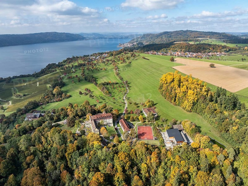 Aerial view of Lake Constance, Überlinger See, surrounded by autumnal vegetation with Spetzgart Castle, Salem International College, Bodanrück on the left horizon, Sipplinger Berg, Bodenseekreis, Baden-Württemberg, Germany