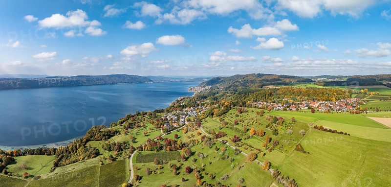 Aerial view, panorama of Lake Constance, Überlinger See, surrounded by autumn vegetation with the village of Hödingen, on the horizon the Bodenseegemeinde Sipplingen, Bodenseekreis, Baden-Württemberg, Germany