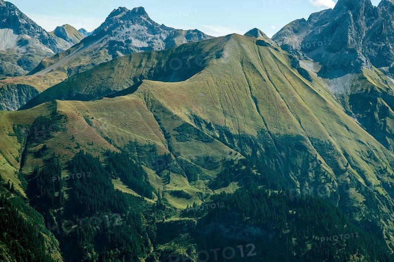 View from Fellhorn to mountains of the Allgäu Alps, Mitte Spätengundkopf, Oberstdorf, Oberallgäu, Allgäu, Bavaria, Germany