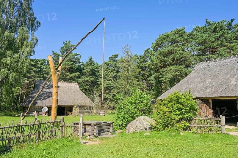 Farmhouse, thatched roof, fountain, Estonian Open Air Museum, Rocco al Mare, Tallinn, Estonia