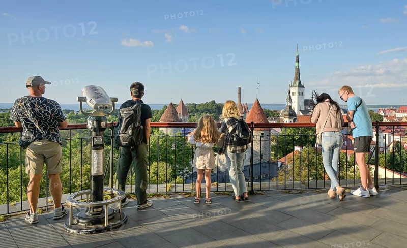 Tourists, Patkuli observation deck, city panorama, view of the old town, Tallinn, Estonia
