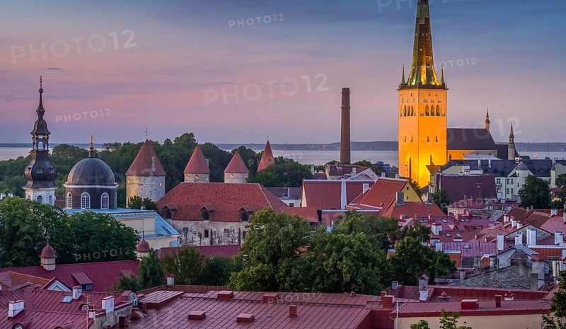 Evening city panorama, St. Olaf's Church on the right, view of the old town, Tallinn, Estonia