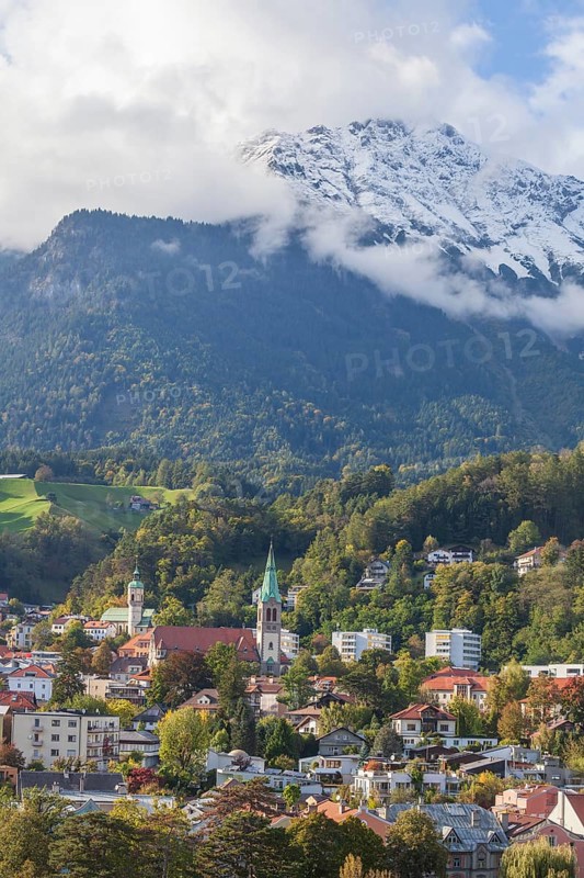 City overview and mountains of the Karwendel North Range, Innsbruck, Tyrol, Austria