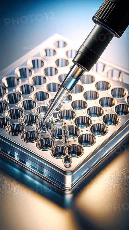 A micropipette targets a glossy multiwell plate under cool blue light, highlighting precision and modern lab design, Pipette dispensing a liquid onto a multi-well plate in a clean laboratory, close up of medical equipment with blurred laboratory background, science, technology and health concept, AI generated