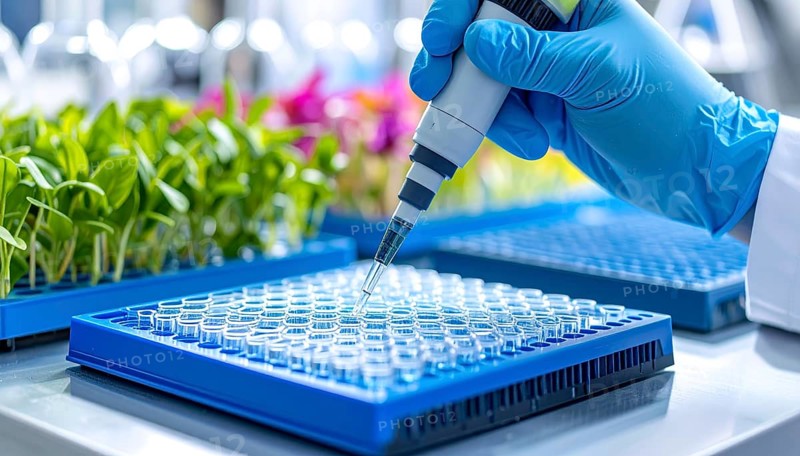 Pipetting beside trays of young plants, merging laboratory precision with agriculture, Pipette dispensing a liquid onto a multi-well plate in a clean laboratory, close up of medical equipment with blurred laboratory background, science, technology and health concept, AI generated
