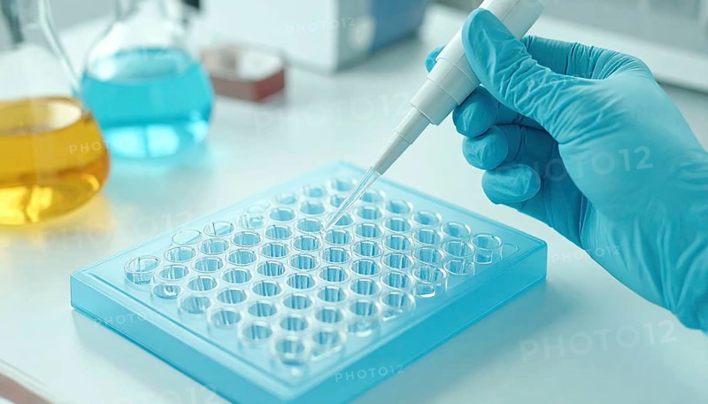Pipette targets a blue microplate on a bright, tidy bench with colored flasks, Pipette dispensing a liquid onto a multi-well plate in a clean laboratory, close up of medical equipment with blurred laboratory background, science, technology and health concept, AI generated