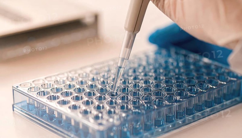 A technician loads a clear blue-tinted microplate with careful precision, Pipette dispensing a liquid onto a multi-well plate in a clean laboratory, close up of medical equipment with blurred laboratory background, science, technology and health concept, AI generated