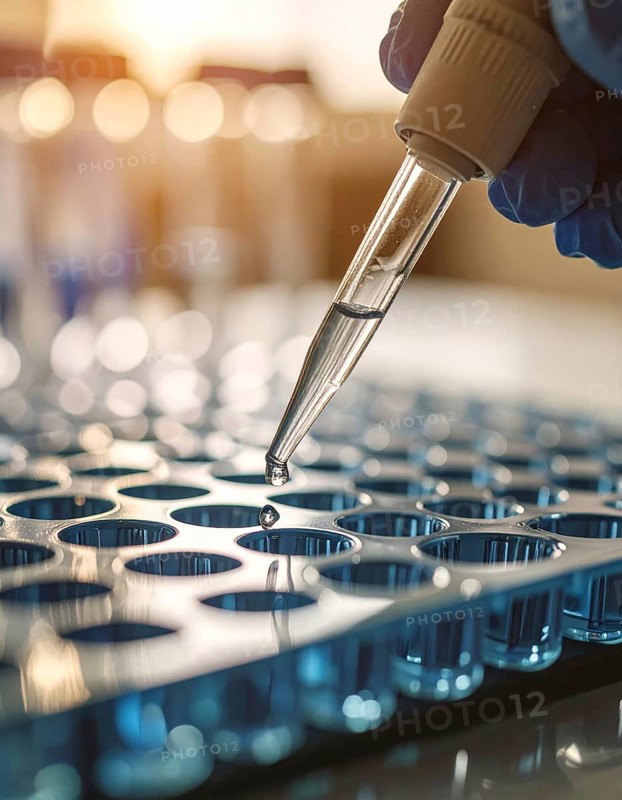 Clear reagent droplet nears blue-filled wells in warm laboratory light, controlled and calm, Pipette dispensing a liquid onto a multi-well plate in a clean laboratory, close up of medical equipment with blurred laboratory background, science, technology and health concept, AI generated