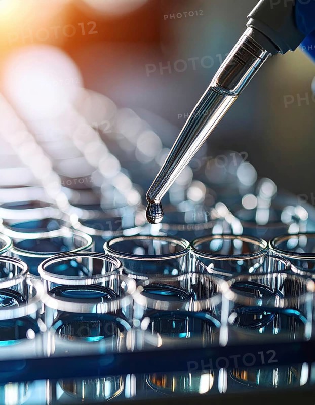 Backlit droplet poised above gleaming wells, crisp vertical composition with luminous highlights, Pipette dispensing a liquid onto a multi-well plate in a clean laboratory, close up of medical equipment with blurred laboratory background, science, technology and health concept, AI generated