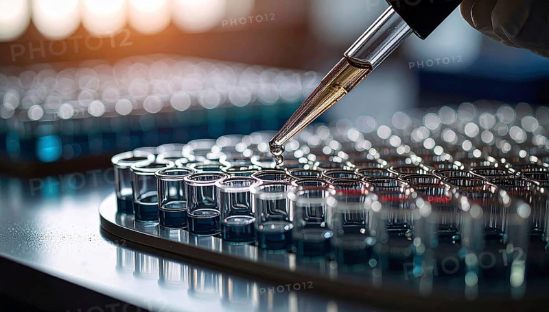 Amber droplet hovers above blue wells under warm light, careful dosing in progress, Pipette dispensing a liquid onto a multi-well plate in a clean laboratory, close up of medical equipment with blurred laboratory background, science, technology and health concept, AI generated