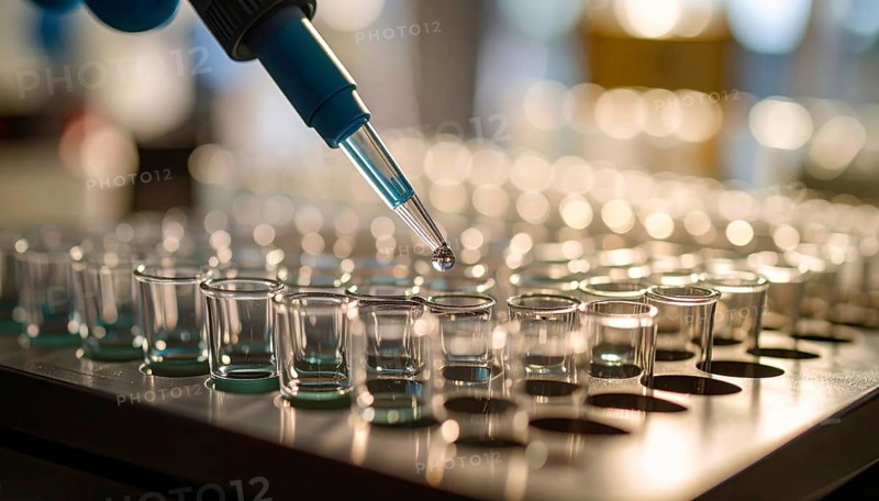 Single droplet hangs over a row of wells in warm, late-day lab light, Pipette dispensing a liquid onto a multi-well plate in a clean laboratory, close up of medical equipment with blurred laboratory background, science, technology and health concept, AI generated