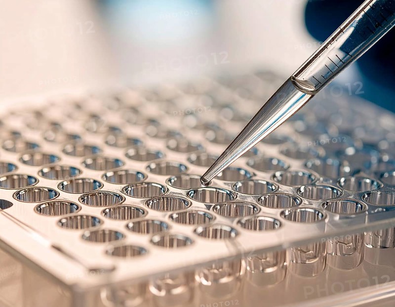 Clear pipette delivers a droplet to a transparent microplate under warm lab light, Pipette dispensing a liquid onto a multi-well plate in a clean laboratory, close up of medical equipment with blurred laboratory background, science, technology and health concept, AI generated