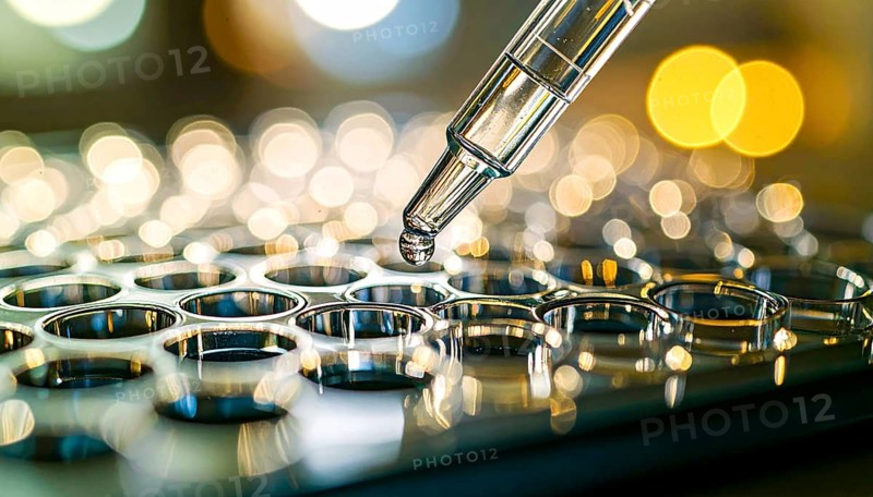 A gleaming droplet at a pipette tip above reflective microplate wells with golden bokeh, Pipette dispensing a liquid onto a multi-well plate in a clean laboratory, close up of medical equipment with blurred laboratory background, science, technology and health concept, AI generated