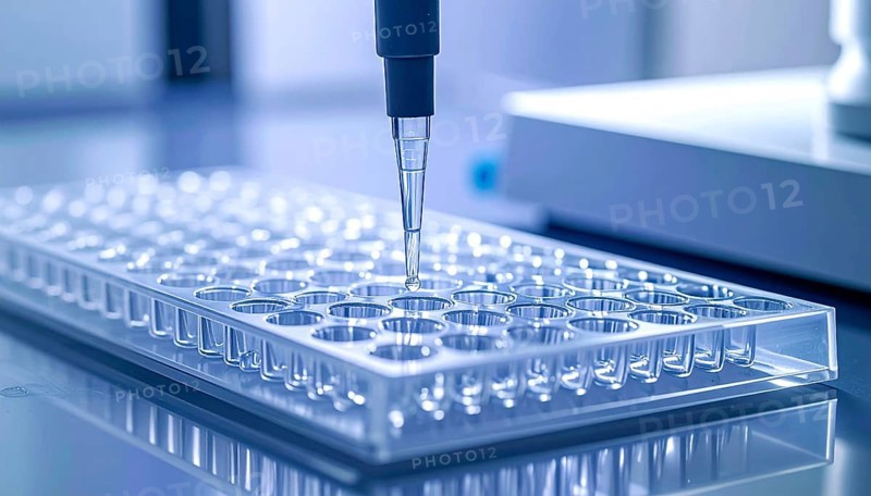 A pipette aligns over a clear 96-well plate in a clean, cool-toned laboratory, Pipette dispensing a liquid onto a multi-well plate in a clean laboratory, close up of medical equipment with blurred laboratory background, science, technology and health concept, AI generated