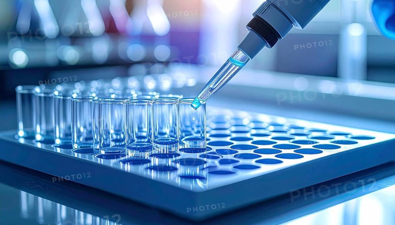 Precision pipetting over aligned test tubes on a microplate in cool blue lab light, Pipette dispensing a liquid onto a multi-well plate in a clean laboratory, close up of medical equipment with blurred laboratory background, science, technology and health concept, AI generated