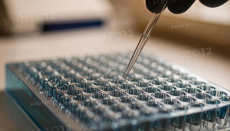 Droplet poised over a 96-well microplate, precision pipetting in a sterile lab setting, Pipette dispensing a liquid onto a multi-well plate in a clean laboratory, close up of medical equipment with blurred laboratory background, science, technology and health concept, AI generated