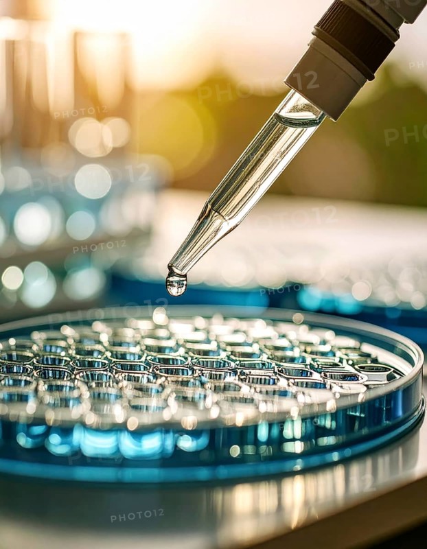 A pipette hovers over a round microplate filled with blue solution in soft golden light, Pipette dispensing a liquid onto a multi-well plate in a clean laboratory, close up of medical equipment with blurred laboratory background, science, technology and health concept, AI generated