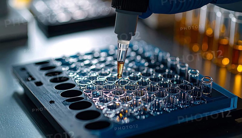 Pipette releases a droplet into a multiwell plate under cool lab light with warm highlights, Pipette dispensing a liquid onto a multi-well plate in a clean laboratory, close up of medical equipment with blurred laboratory background, science, technology and health concept, AI generated