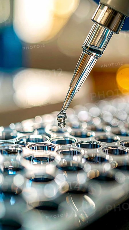 A suspended droplet hangs between pipette and microplate in a focused lab moment, Pipette dispensing a liquid onto a multi-well plate in a clean laboratory, close up of medical equipment with blurred laboratory background, science, technology and health concept, AI generated
