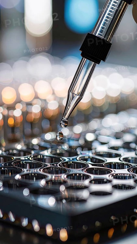 A droplet hangs midair beneath a pipette over mirror-like wells, dramatic lighting accentuating exacting lab work, Pipette dispensing a liquid onto a multi-well plate in a clean laboratory, close up of medical equipment with blurred laboratory background, science, technology and health concept, AI generated