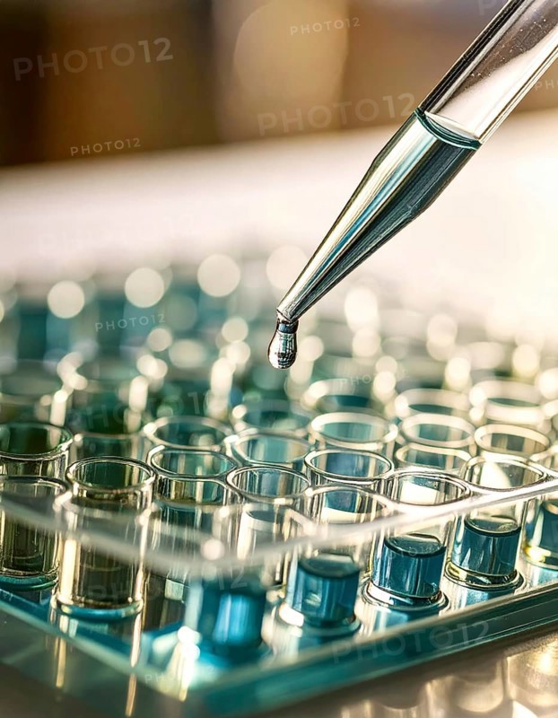 Single droplet suspended over teal-tinted wells on a microplate, Pipette dispensing a liquid onto a multi-well plate in a clean laboratory, close up of medical equipment with blurred laboratory background, science, technology and health concept, AI generated