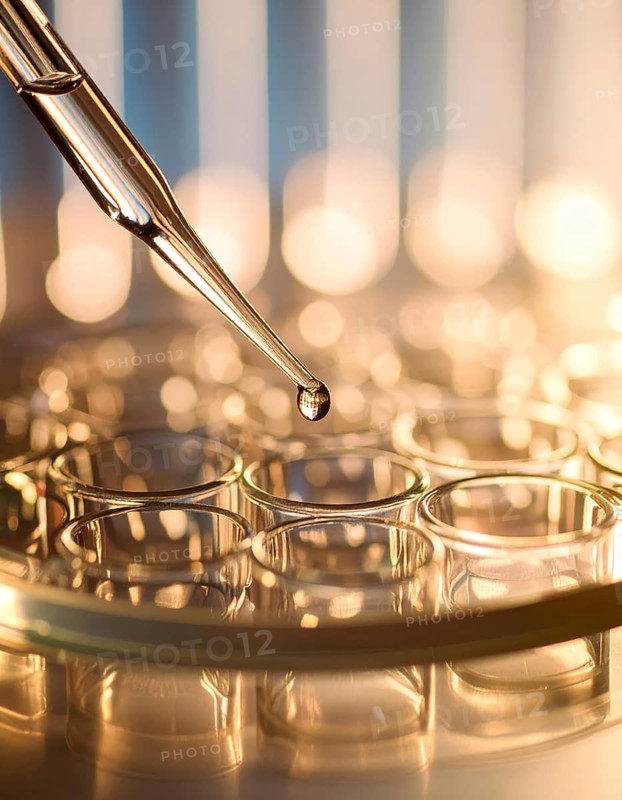 A single droplet descends from a glass pipette toward a petri dish, bathed in soft golden light for a serene, precise lab mood, Pipette dispensing a liquid onto a multi-well plate in a clean laboratory, close up of medical equipment with blurred laboratory background, science, technology and health concept, AI generated