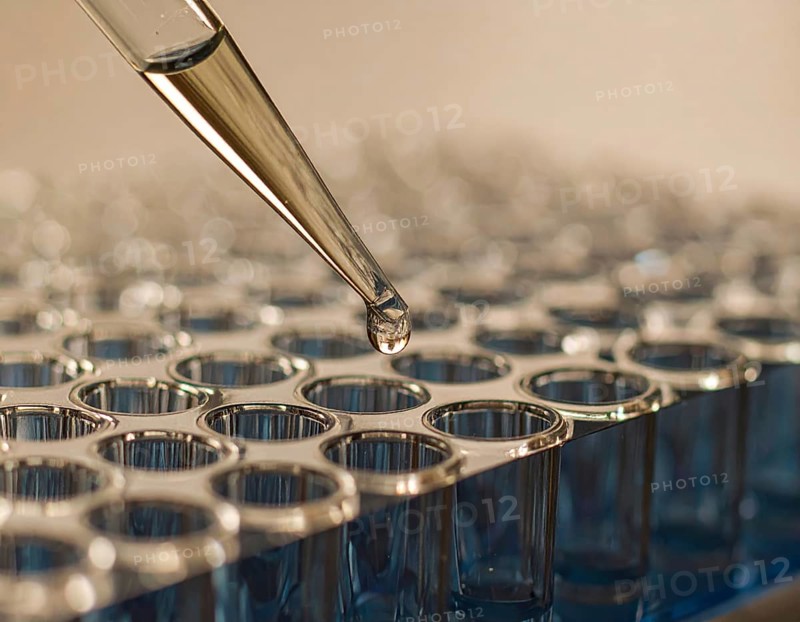 A droplet hangs from a pipette above clear wells in warm lab light, Pipette dispensing a liquid onto a multi-well plate in a clean laboratory, close up of medical equipment with blurred laboratory background, science, technology and health concept, AI generated