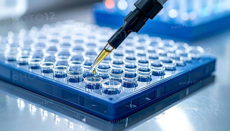 A black pipette delivers yellow reagent into a blue microplate on a clean bench, Pipette dispensing a liquid onto a multi-well plate in a clean laboratory, close up of medical equipment with blurred laboratory background, science, technology and health concept, AI generated