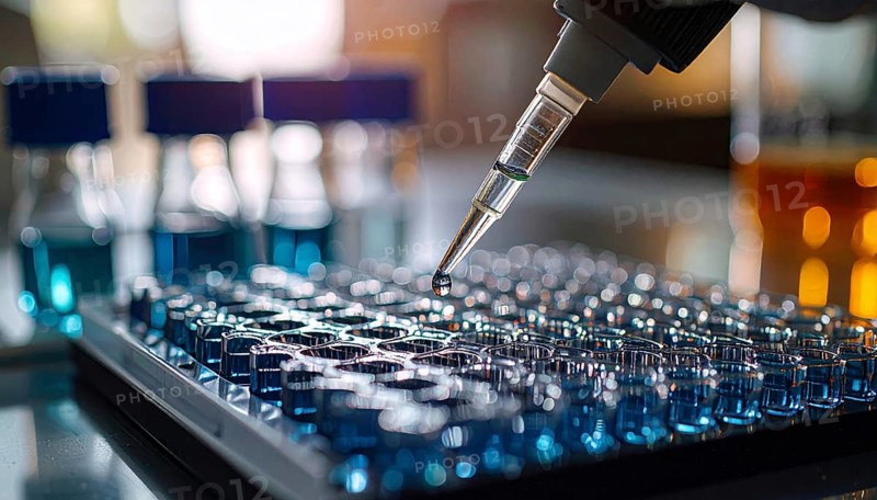 A pipette hovers over a blue-filled microplate as a droplet forms in a calm, sterile lab, Pipette dispensing a liquid onto a multi-well plate in a clean laboratory, close up of medical equipment with blurred laboratory background, science, technology and health concept, AI generated